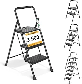 Arbusb 3-Step Folding Steel Ladder with Wide Anti-Slip Pedals and Handrail
