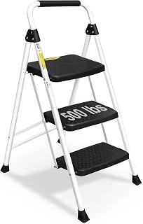 SocTone 3-Step Folding Steel Ladder with Handle, White