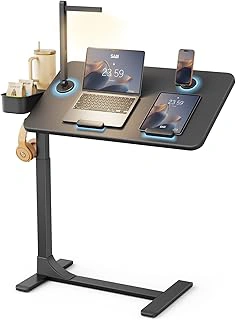 SAIJI Magnetic Overbed Bedside Table with Wheels, Height & 360° Adjustable Angle with LED Light