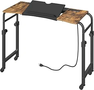 YATINEY Overbed Table with Wheels, Height Adjustable & Charging Station