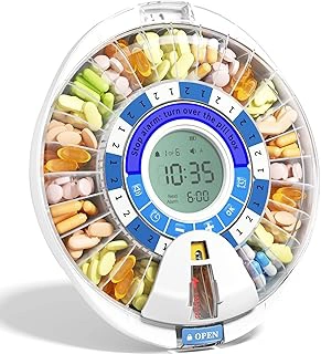 Betife 2nd Gen Automatic Pill Dispenser for Elderly with Alarm – 28 Slots, Key Locked, Alarm & Light Reminder, Mix-Proof, XL Display, 6 Dosage Rings，Easy Setup for Daily Medication