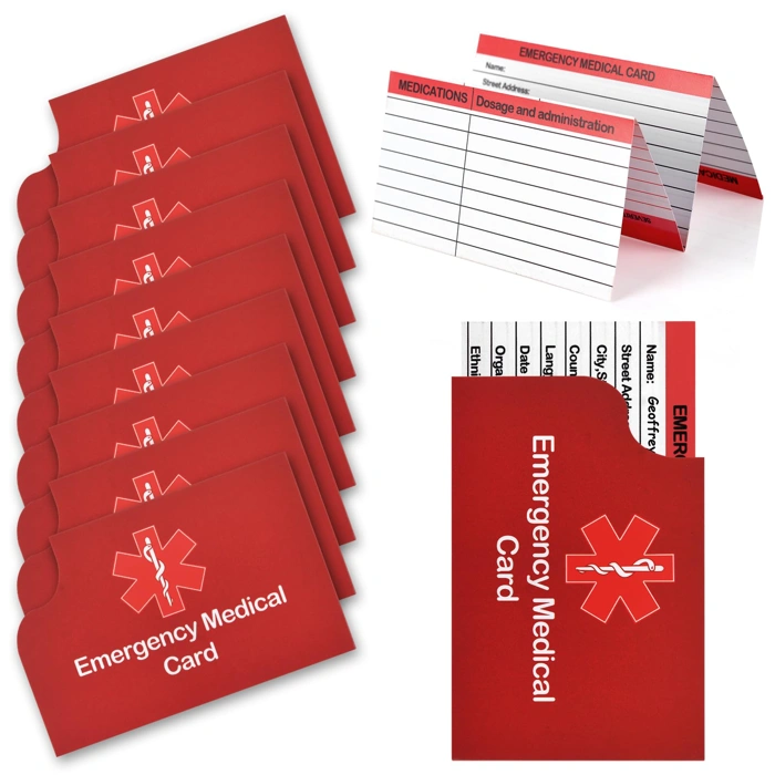 24 Pack Red Emergency Medical ID Wallet with Medication List and Caretaker Cards